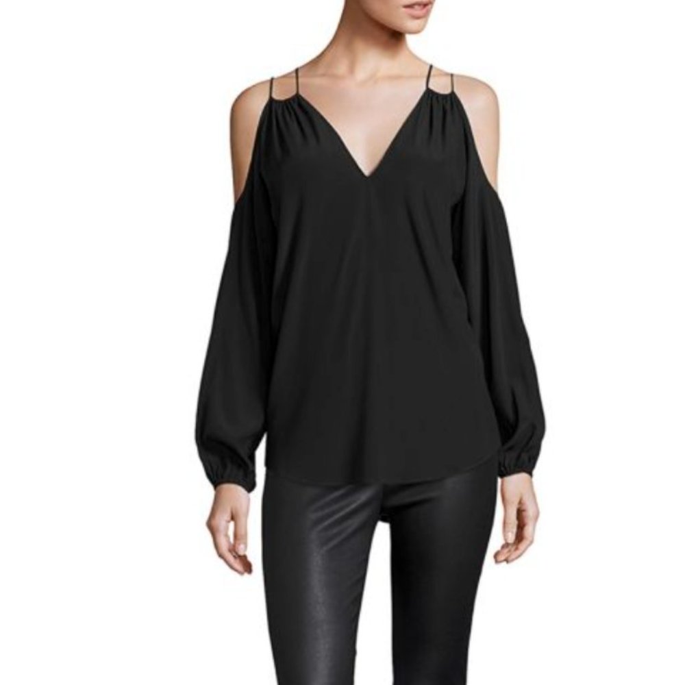 RAMY BROOK - NAVY Silk Gigi Cold Shoulder V Neck Blouse - Size XS